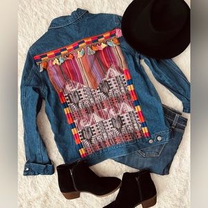 Boho Embroidered Denim Jacket Festival Aztec Woven Patchwork Tassel Jean